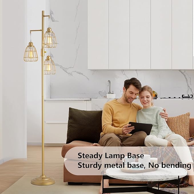 9MMML Golden Dimmable Floor Lamp,Industrial Farmhouse Tall Standing Floor Lamp for Living Room, Bedroom, Corner,Office,Gold 3 Teardrop Cage Lampshade,68”Height,3 LED Bulb Included - LeafyLoom
