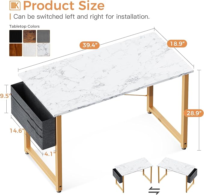 ODK Computer Desk, 40 Inch Small Study Desk, Office Desk with Storage, Work Table with Headphone Hook for Small Space Home Office, White Marble + Gold Leg - LeafyLoom