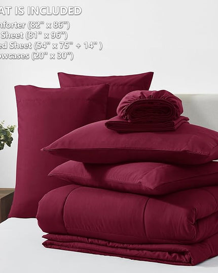 CozyLux Full Size Comforter Set - 7 Pieces Bed in a Bag Set Burgundy, Bedding Sets Full with All Season Quilted Comforter, Flat Sheet, Fitted Sheet, Pillowcases, Red, Full - LeafyLoom