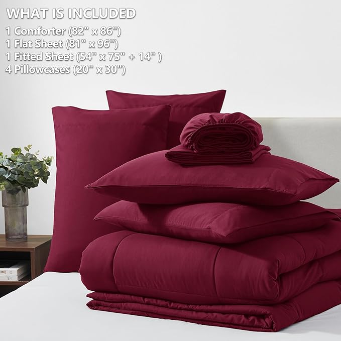 CozyLux Full Size Comforter Set - 7 Pieces Bed in a Bag Set Burgundy, Bedding Sets Full with All Season Quilted Comforter, Flat Sheet, Fitted Sheet, Pillowcases, Red, Full - LeafyLoom