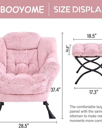Lazy Chair with Ottoman, Modern Accent Chair Contemporary Lounge Leisure Upholstered Sofa Chair Set with Armrests, Reading Chair for Living Room, Bedroom, Office, Plush Pink - LeafyLoom