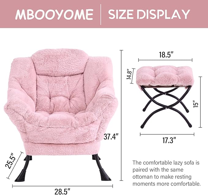 Lazy Chair with Ottoman, Modern Accent Chair Contemporary Lounge Leisure Upholstered Sofa Chair Set with Armrests, Reading Chair for Living Room, Bedroom, Office, Plush Pink - LeafyLoom