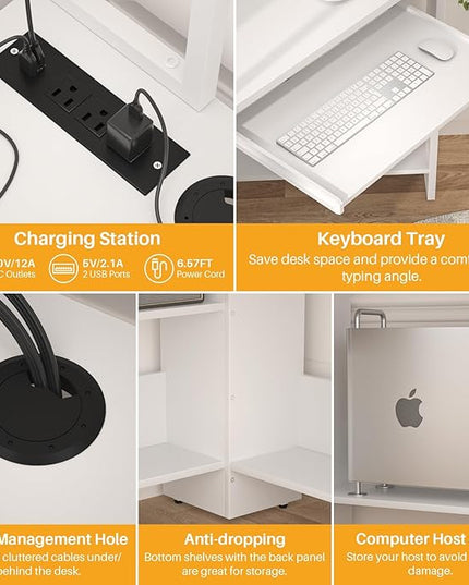 Cyclysio Small Corner Desk with Hutch, Heavy Duty Corner Computer Desk with Power Outlets & LED Light, Triangle Corner Gaming Desk with Keyboard Tray for Home Office, Small Space, Workstation White - LeafyLoom
