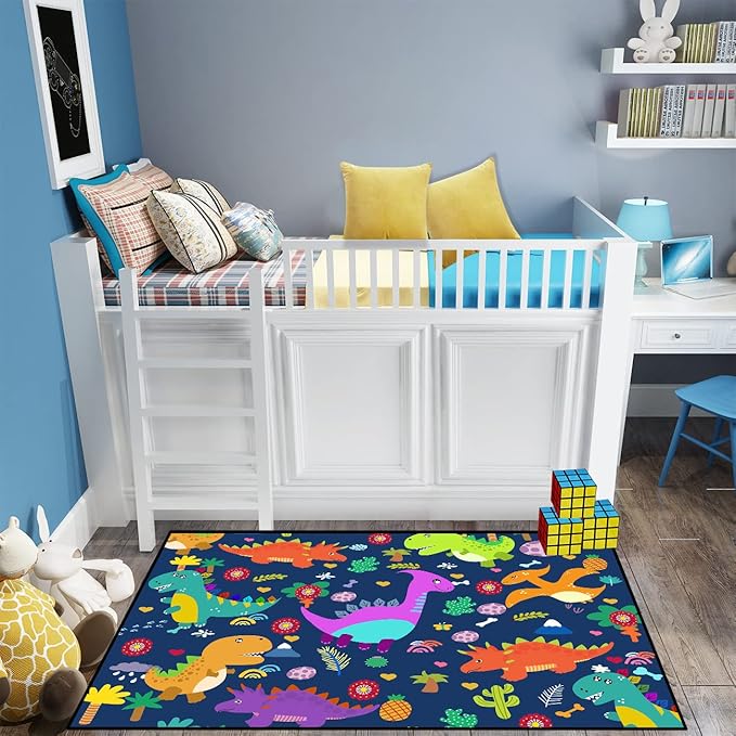 Dinosaur Rugs for Boys Bedroom Dinosaur Play Rug Kids Room Rug Dinosaur Area Rug Cartoon Dinosaur Carpet Cute Dinosaur Mat Dinosaur Rug for Living Room Bedroom Playroom, Blue 3'×5' - LeafyLoom