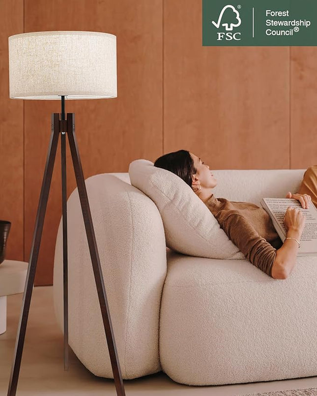 ELYONA Wood Tripod Floor Lamp for Bedroom, 3 Color Temperatures & Linen Shade, Modern Reading Standing Lamp with 9W LED Bulb, Mid Century Night Light for Farmhouse, Living Room, Office, Walnut - LeafyLoom