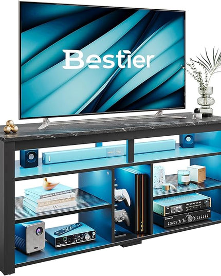 Bestier LED Tall Entertainment Center, 55 inch TV Stand for 55/60/65 inch TV, Gaming TV Cabinet with Storage for PS5, Adjustable Shelf Media TV Console for Living Room Bedroom, Black Marble - LeafyLoom