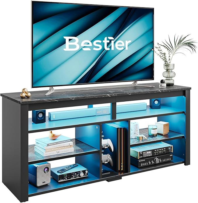 Bestier LED Tall Entertainment Center, 55 inch TV Stand for 55/60/65 inch TV, Gaming TV Cabinet with Storage for PS5, Adjustable Shelf Media TV Console for Living Room Bedroom, Black Marble - LeafyLoom