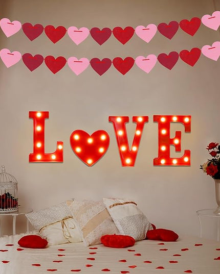 Tifeson Valentines Day Decor - 4 Led Marquee Light Up Letters “Love” Lights + 2 Packs Felt Heart Garland Banners for Home Valentines Table Mantel Wedding Party Decorations (Batteries Not Included) - LeafyLoom