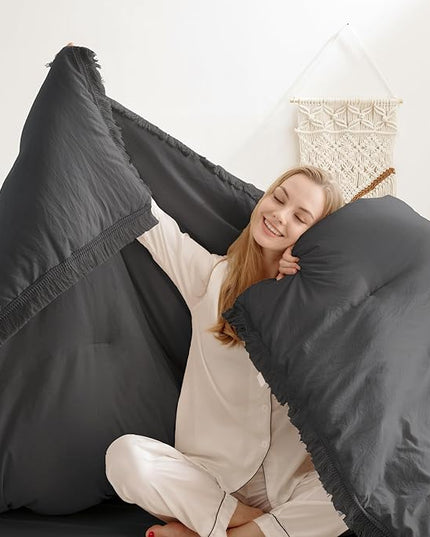 Andency Comforter King Size Bed Set Dark Grey, 3 Pieces Boho Lightweight Winter Bedding Comforters & Sets, All Season Soft Tassel Bed Set (104x90In Comforter & 2 Pillowcases) - LeafyLoom