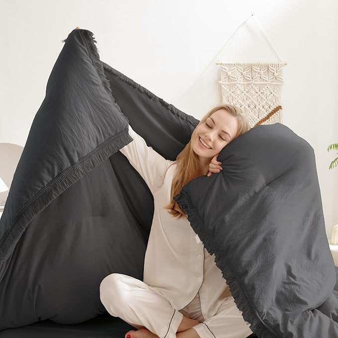 Andency Comforter King Size Bed Set Dark Grey, 3 Pieces Boho Lightweight Winter Bedding Comforters & Sets, All Season Soft Tassel Bed Set (104x90In Comforter & 2 Pillowcases) - LeafyLoom