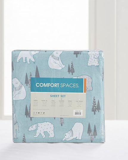 Comfort Spaces Cotton Flannel Breathable Warm Deep Pocket Sheets with Pillow Case Bedding, Twin, Blue Polar Bears 3 Piece - LeafyLoom