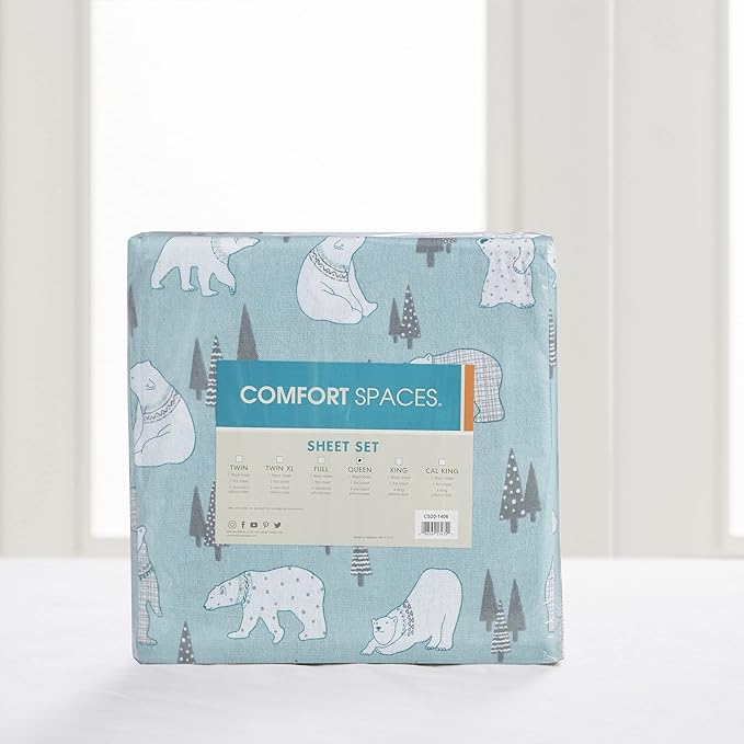 Comfort Spaces Cotton Flannel Breathable Warm Deep Pocket Sheets with Pillow Case Bedding, Twin, Blue Polar Bears 3 Piece - LeafyLoom