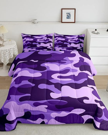 Queen Size Camouflage Comforter Set 3Pcs Kids Bedding Set for Boys Girls Teens 1 Comforter & 2 Pillowcases(Queen,Purple) Boys - LeafyLoom