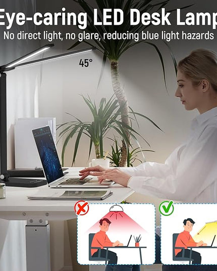 Adjustable Foldable Desk Lamp for Home Office - Double Swing Arm Bright LED Desk Light, Eye-Caring Architect Task Lamp, Touch Control Desktop Lamp Dimmable Table Desk Light for Work/Study/Craft - LeafyLoom