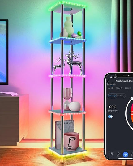 Kekeou RGBCW Floor Lamp with Shelves Tall Lamp Music Sync APP Control Standing Lamp with Wireless Charger & USB Port Color Changing Lamp with Shelves Work with Alexa White 5 Tier - LeafyLoom