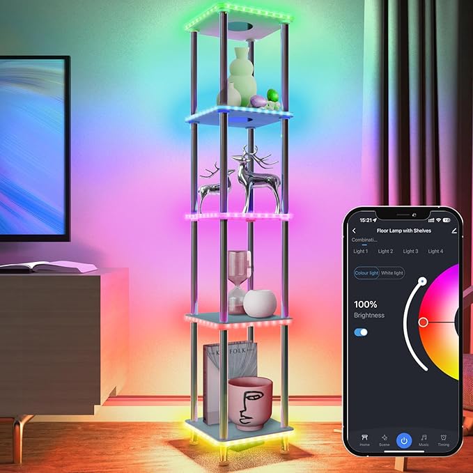 Kekeou RGBCW Floor Lamp with Shelves Tall Lamp Music Sync APP Control Standing Lamp with Wireless Charger & USB Port Color Changing Lamp with Shelves Work with Alexa White 5 Tier - LeafyLoom
