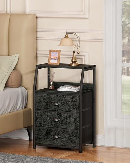 Furnulem 3 Drawers Nightstand with 2-Tier Shelf, Fabric Small Dresser Organizer Storage Tower for Bedroom, Hallway, Night Stand End Table Side Furniture, Sturdy Steel Frame, Wood Top(Dark Green) - LeafyLoom