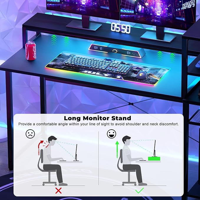 Gaming Desk with Storage, 47'' LED Light Desk, Home Office Computer Desk, Reversible Shelves & Power Outlets, Black - LeafyLoom
