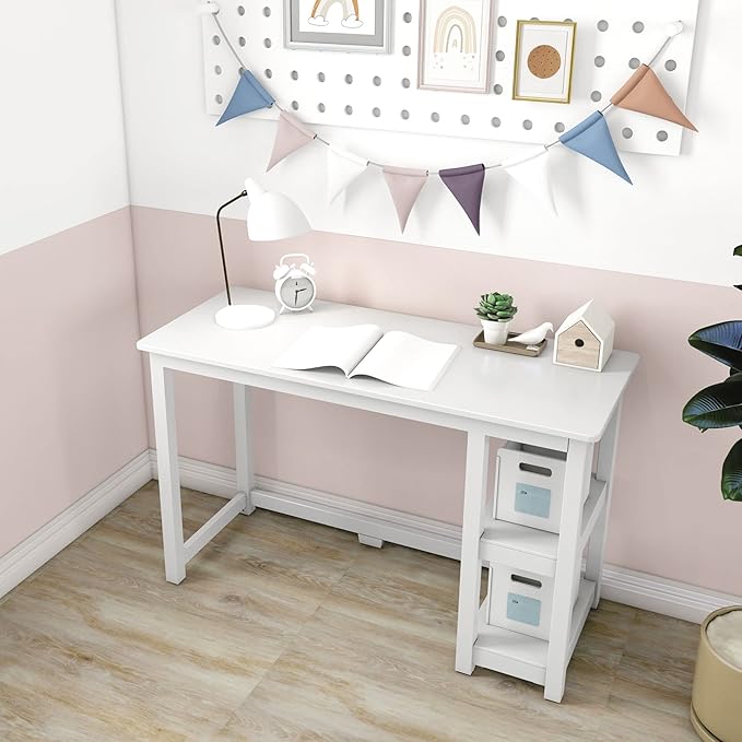 Max & Lily Solid Wood Desk With Shelves, 47 Inches, White - LeafyLoom
