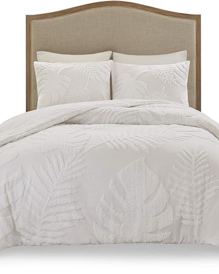 Madison Park Tufted Chenille Cotton Comforter, All Season Bedding Set, Matching Shams, Bahari, Coastal Palm Leaf Off White King/Cal King(104"x92") 3 Piece - LeafyLoom