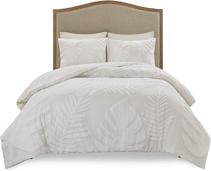 Madison Park Tufted Chenille Cotton Comforter, All Season Bedding Set, Matching Shams, Bahari, Coastal Palm Leaf Off White King/Cal King(104"x92") 3 Piece - LeafyLoom