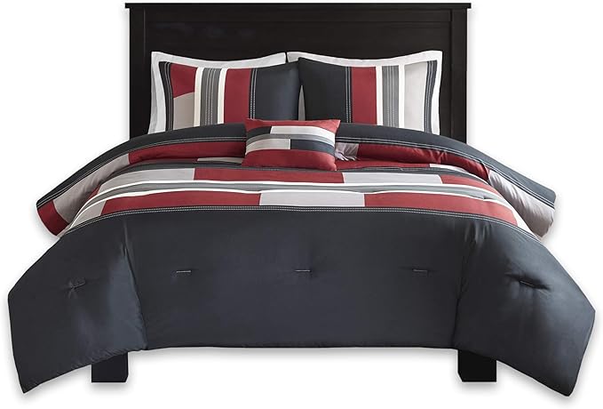 Comfort Spaces Casual Comforter Set Sporty Design, Vibrant Color, Active Lifestyle Boys Bedroom Décor, All Season Soft Microfiber Bedding Set, Decorative Pillow, Sham Black/Red Twin/Twin XL 3 Piece - LeafyLoom