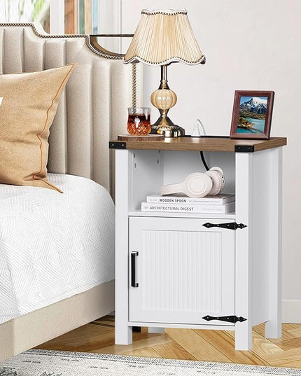 Nightstand with Charger Station and USB Port, 18 Inch Farmhouse Night Stand with Storage Shelf, Modern Couch Side Table with Magnetic Door, Bedside Tables for Bedroom, Home, Antique White - LeafyLoom