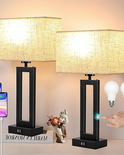 Touch Lamps for Bedrooms Set of 2 BedsideTable Lamp with USB C+A, 3 Way Dimmable Nightstand Lamps Modern Living Room Lamps for End Tables Night Stand Lamps for Home Office Guest Room, Cream&Black - LeafyLoom