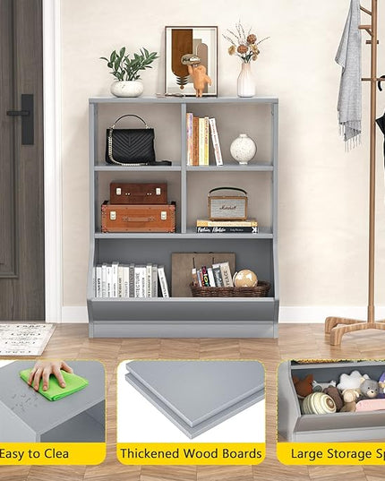 Aheaplus Toy Storage Organizer with Bookcase, 3 Cubby Bookshelf Toy Storage Cabinet, Open Multi-Bins Toys&Books Storage Display Organizer for Playroom, Bedroom, Nursery, School, Grey - LeafyLoom