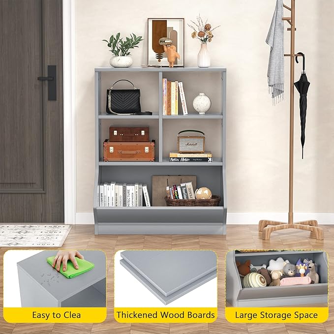 Aheaplus Toy Storage Organizer with Bookcase, 3 Cubby Bookshelf Toy Storage Cabinet, Open Multi-Bins Toys&Books Storage Display Organizer for Playroom, Bedroom, Nursery, School, Grey - LeafyLoom