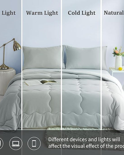 COTTEBED Reversible Comforter Sets KING Size Bed, Jersey Knit T-Shirt Feel Bedding Down Comforters Quilt & Pillowcase -Super Soft Cozy Lightweight All Season (Light Grey and White California Cal/King) - LeafyLoom