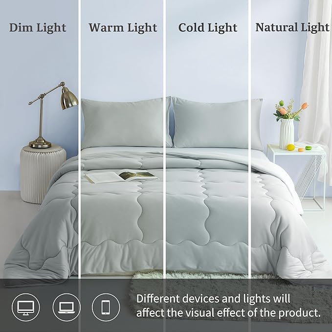 COTTEBED Reversible Comforter Sets KING Size Bed, Jersey Knit T-Shirt Feel Bedding Down Comforters Quilt & Pillowcase -Super Soft Cozy Lightweight All Season (Light Grey and White California Cal/King) - LeafyLoom