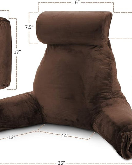Clara Clark Reading Pillow, Large Back Pillow for Sitting Up in Bed, Memory Foam Back Support Pillow, Reading Pillows for Sitting in Bed, Chocolate Brown Sit Up Pillow for Bed with Arms and Pockets - LeafyLoom