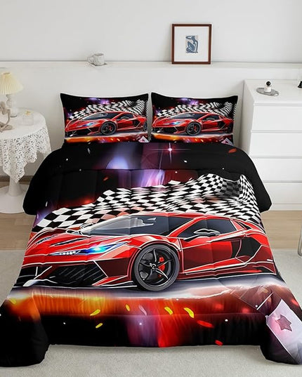 Feelyou Speed Sports Car Comforter Set Twin Size Extreme Sports Bedding Set for Kids Boys Girls Decor Red Comforter Microfiber Checkerboard Quilt Set Bedroom Bedclothes… - LeafyLoom