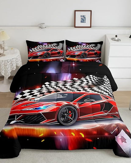 Feelyou Speed Sports Car Comforter Set Queen Size Extreme Sports Bedding Set for Kids Boys Girls Decor Red Comforter Microfiber Checkerboard Quilt Set Bedroom Bedclothes… - LeafyLoom