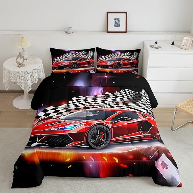 Feelyou Speed Sports Car Comforter Set Queen Size Extreme Sports Bedding Set for Kids Boys Girls Decor Red Comforter Microfiber Checkerboard Quilt Set Bedroom Bedclothes… - LeafyLoom