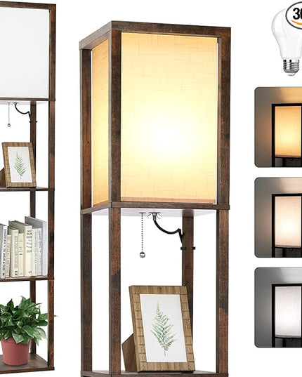 LED Floor Lamp with Shelves, Shelves Floor Lamp for Living Room Bedroom, 4-Tier Modern Shelf Floor Lamp with White Fabric Shape, 3 Color Temperature LED Blub(Brown). - LeafyLoom