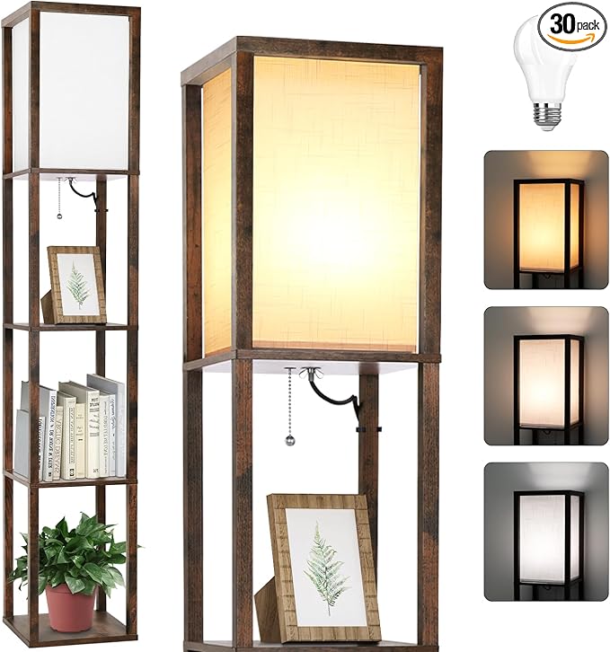 LED Floor Lamp with Shelves, Shelves Floor Lamp for Living Room Bedroom, 4-Tier Modern Shelf Floor Lamp with White Fabric Shape, 3 Color Temperature LED Blub(Brown). - LeafyLoom