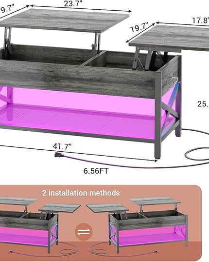 Coffee Table, Lift Top Coffee Table with Storage, LED Light & Power Outlet and Hidden Compartment, Retro Center Table for Living Room, X Support Wood Tabletop, Metal Frame, Black Oak - LeafyLoom
