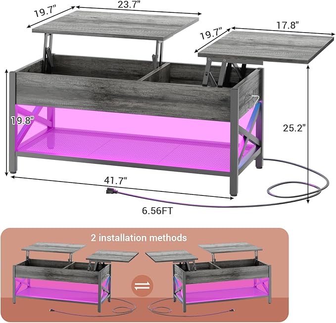 Coffee Table, Lift Top Coffee Table with Storage, LED Light & Power Outlet and Hidden Compartment, Retro Center Table for Living Room, X Support Wood Tabletop, Metal Frame, Black Oak - LeafyLoom