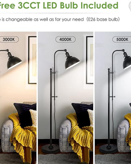 Black Floor Lamp, 3 Color Temperature Industrial Floor Lamps, Adjustable Height & Head Standing Reading Lamp, Farmhouse Floor lamp for Living Room, Bedroom, Office - LeafyLoom