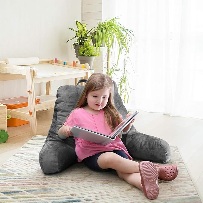 Clara Clark Reading Pillow for Kids, Small Back Pillow for Sitting Up in Bed, Memory Foam Back Support Pillow, Reading Pillows for Sitting in Bed Grey Gaming Pillow for Bed Chair with Arms and Pockets - LeafyLoom