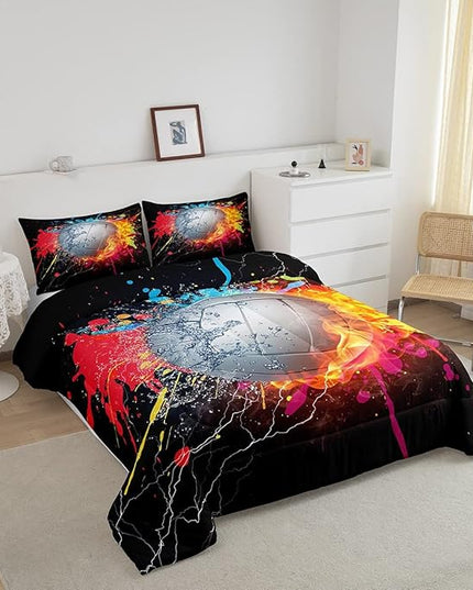 Erosebridal Kids Volleyball Comforter Set for Teen Girls Boys Volleyball Bedding Set Full Grunge Hippie Tie Dye Bedding Comforter Red Blue Fire Water Lightning Quilt Duvet Insert 2 Pillow Cases - LeafyLoom