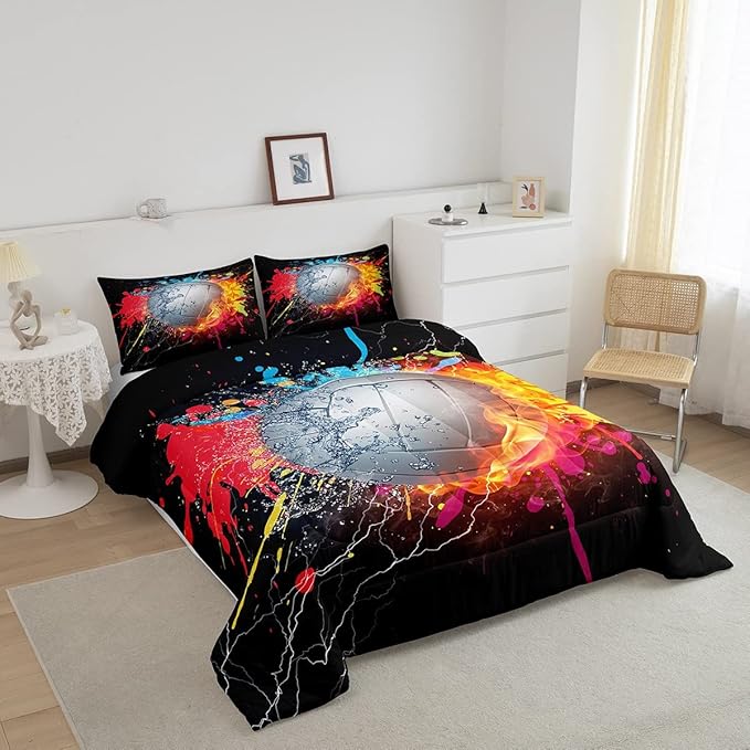 Erosebridal Kids Volleyball Comforter Set for Teen Girls Boys Volleyball Bedding Set Twin Grunge Hippie Tie Dye Bedding Comforter Red Blue Fire Water Lightning Quilt Duvet Insert 1 Pillow Case - LeafyLoom