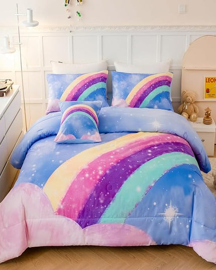 Sky Blue Teen Rainbow Comforter Set Queen Size for Girls, 6 Pieces Galaxy Gradient Bed in A Bag, 3D Galaxy Kids Bedding Comforter Sets with Comforter, Sheets and Pillowcases - LeafyLoom