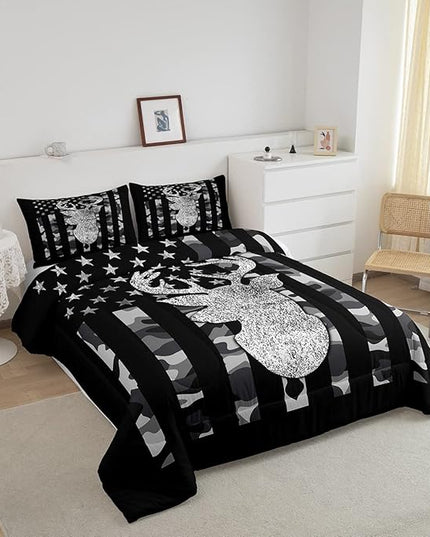 American Flag Bedding Set Deer Camo Comforter Set Queen For Kids Boys Teen Man,Western Rustic Black Grey Military Camouflage Bedding Comforters Hunting Deer Antlers Quilt Duvet For All Season 3 Pcs - LeafyLoom