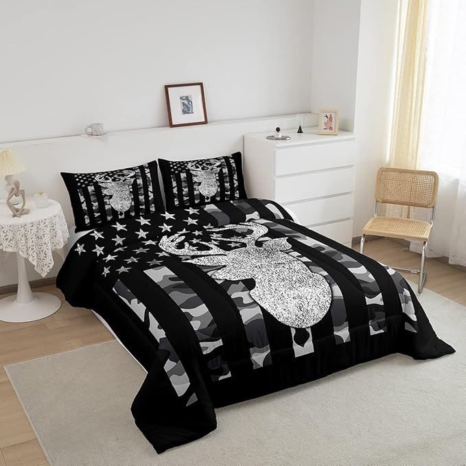 American Flag Bedding Set Deer Camo Comforter Set Queen For Kids Boys Teen Man,Western Rustic Black Grey Military Camouflage Bedding Comforters Hunting Deer Antlers Quilt Duvet For All Season 3 Pcs - LeafyLoom