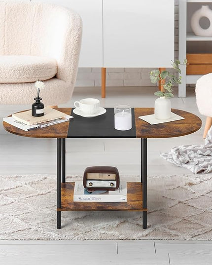 Coffee Tables for Living Room,2-Tier Small Coffee Table Farmhouse Oval Center Table with Storage Shelf and Wood Tabletop,for Small Space,Home Office,Black & Brown - LeafyLoom