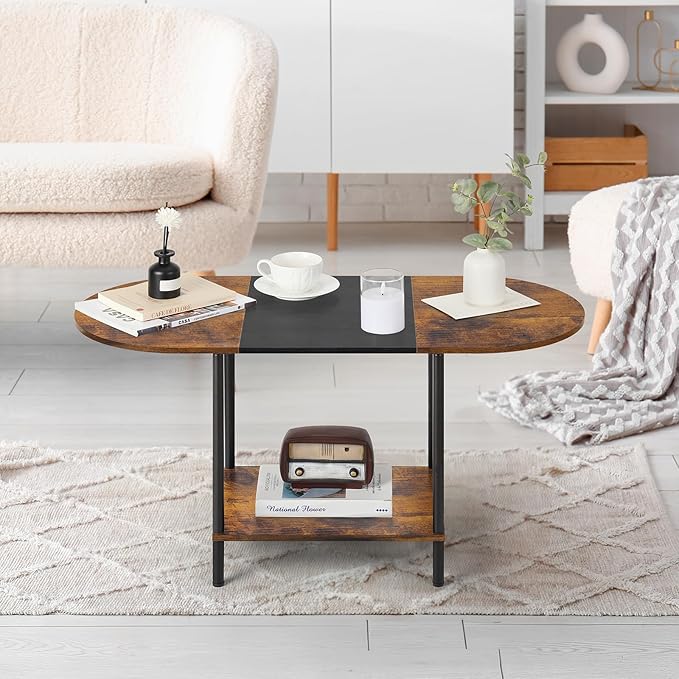 Coffee Tables for Living Room,2-Tier Small Coffee Table Farmhouse Oval Center Table with Storage Shelf and Wood Tabletop,for Small Space,Home Office,Black & Brown - LeafyLoom