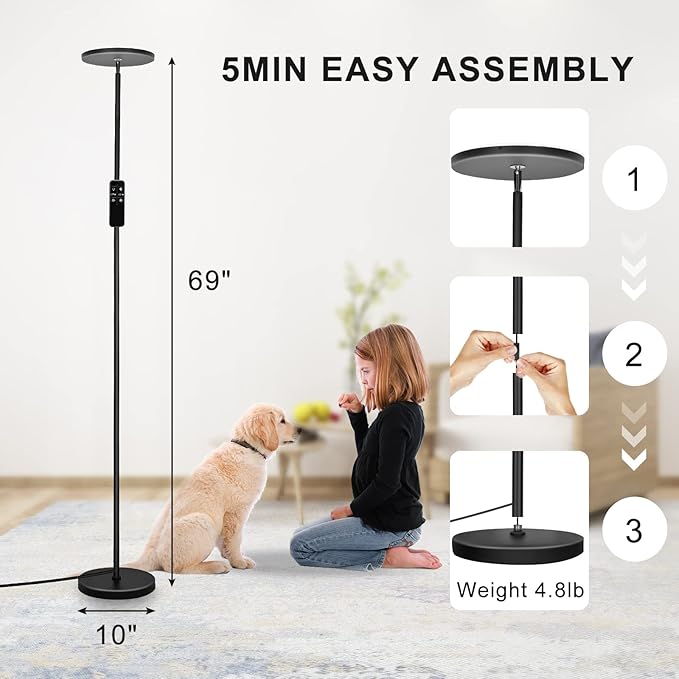 Floor Lamp, Upgraded 36W 3600LM Super Bright Torchiere LED Floor Lamps for Living Room, Stepless Dimmable Color Temperature 2700K-6500K with Remote & Touch Control, Standing Light for Bedroom Office - LeafyLoom